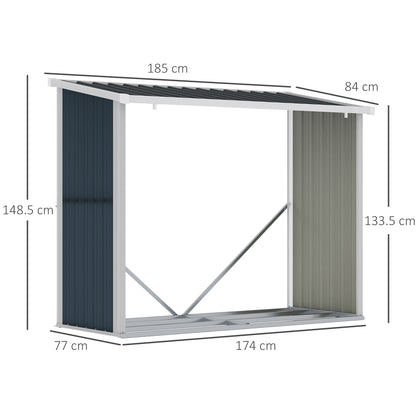 Galvanized Steel Firewood Shed Log Storage Shelter with Sloped Roof for Garden Terrace Outdoor 185x84x133.5/148.5 cm Gray