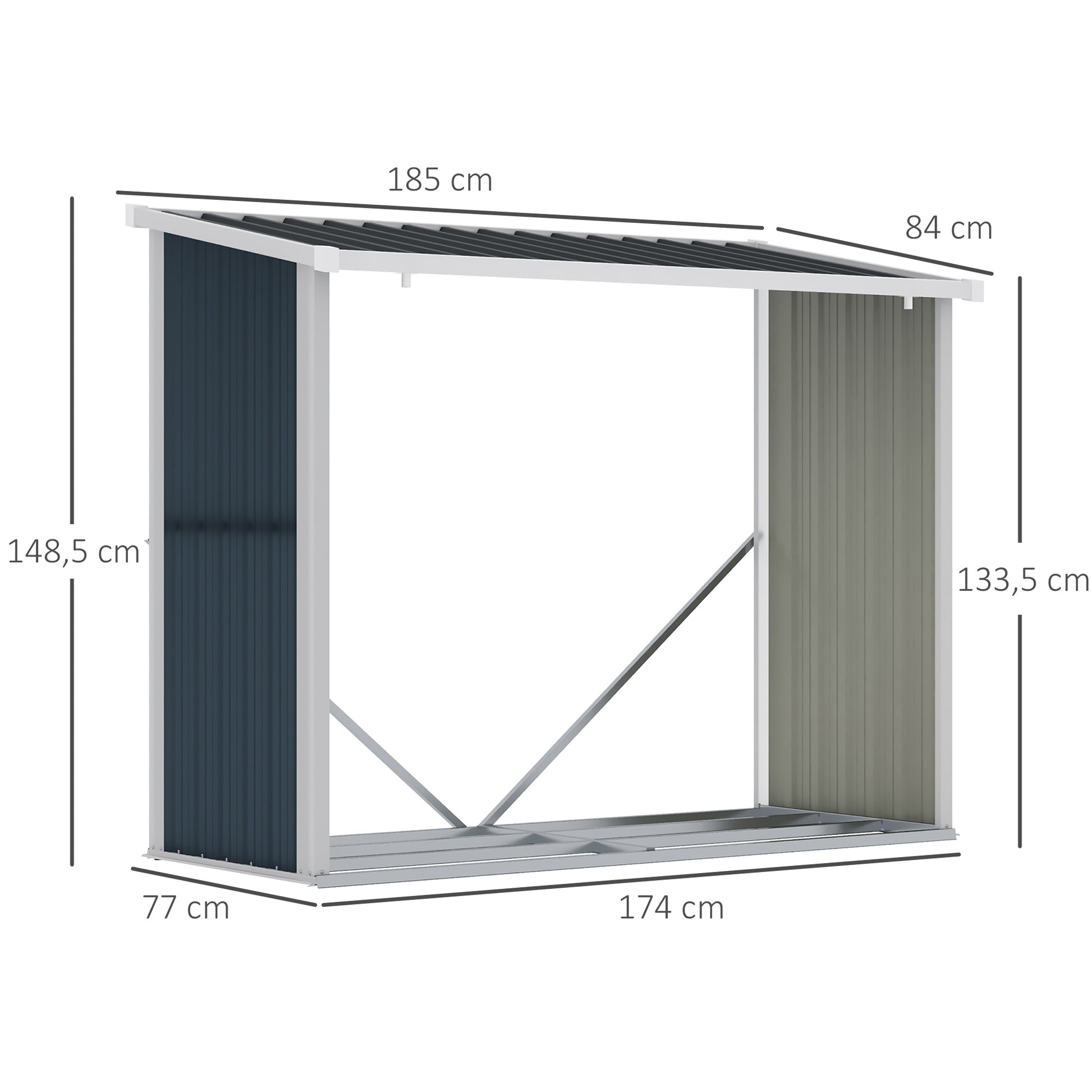 Galvanized Steel Firewood Shed Log Storage Shelter with Sloped Roof for Garden Terrace Outdoor 185x84x133.5/148.5 cm Gray