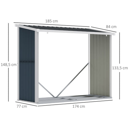 Galvanized Steel Firewood Shed Log Storage Shelter with Sloped Roof for Garden Terrace Outdoor 185x84x133.5/148.5 cm Gray