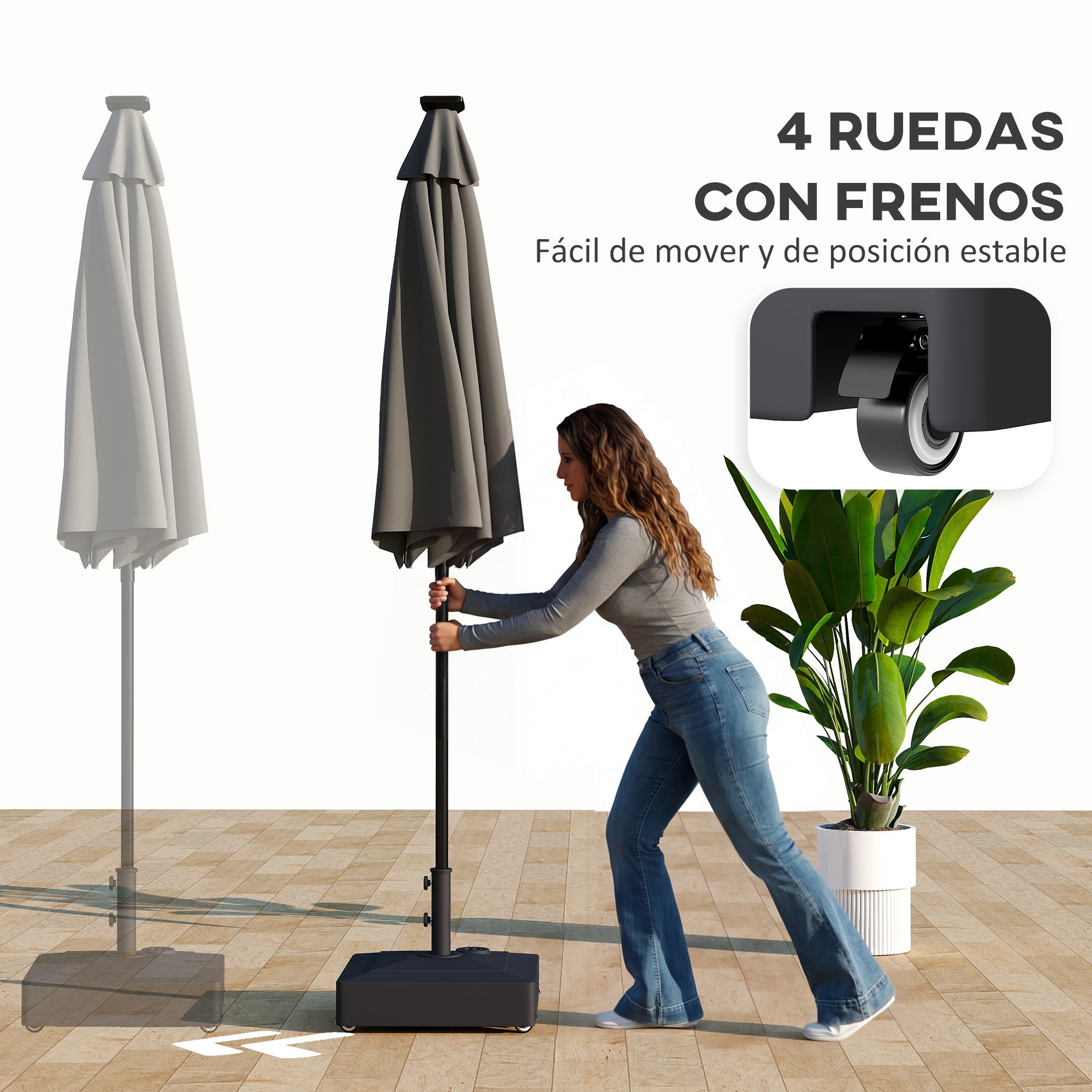 Square Umbrella Base with Wheels – HDPE Parasol Stand, Fits Ø35/38/48 mm, Fillable (61 kg sand / 40 kg water) – Black