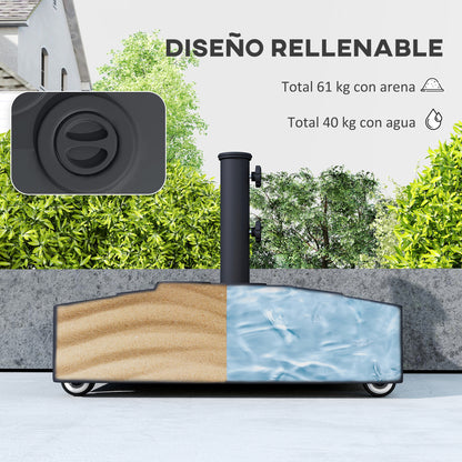 Square Umbrella Base with Wheels – HDPE Parasol Stand, Fits Ø35/38/48 mm, Fillable (61 kg sand / 40 kg water) – Black