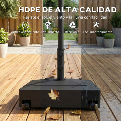 Square Umbrella Base with Wheels – HDPE Parasol Stand, Fits Ø35/38/48 mm, Fillable (61 kg sand / 40 kg water) – Black