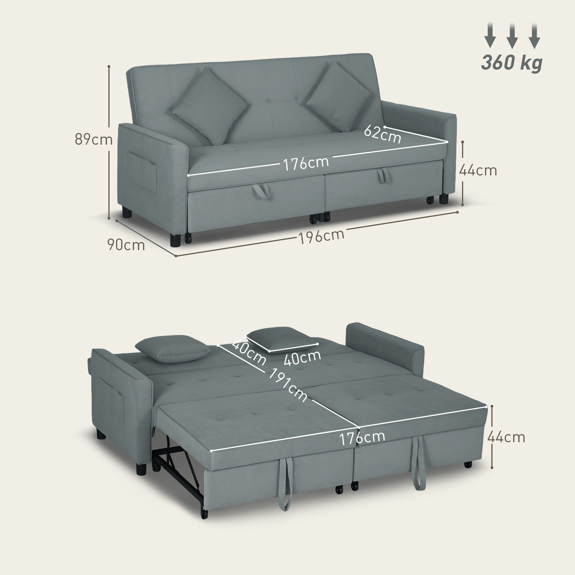 3-Seater Convertible Sofa Bed Reversible Clic-Clac Sofa with Adjustable Back and Cushions, Modern Velvet-Look Fabric Sofa for Living Room, Guest Room, Gray