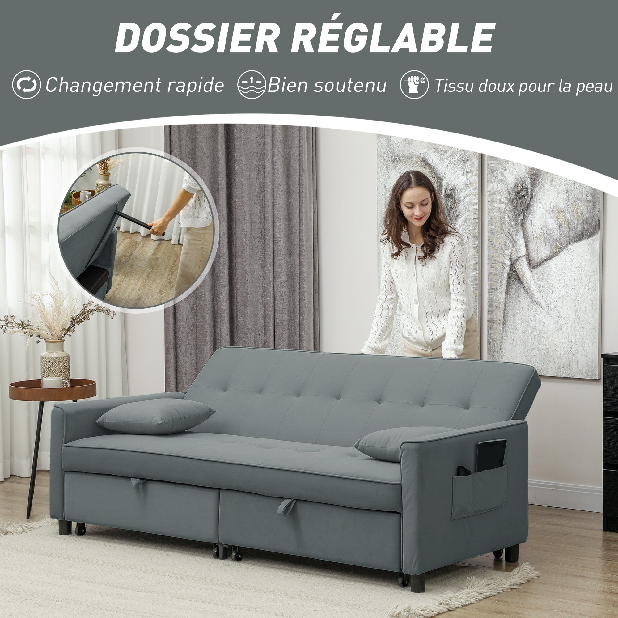 3-Seater Convertible Sofa Bed Reversible Clic-Clac Sofa with Adjustable Back and Cushions, Modern Velvet-Look Fabric Sofa for Living Room, Guest Room, Gray