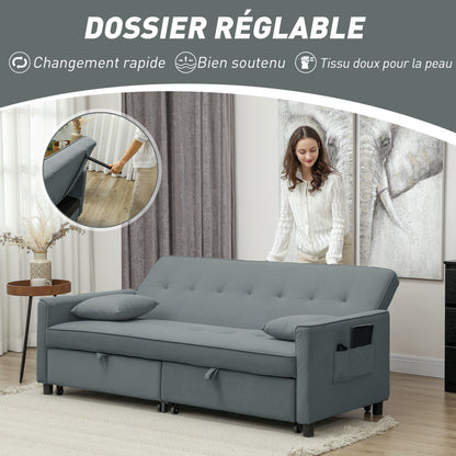 3-Seater Convertible Sofa Bed Reversible Clic-Clac Sofa with Adjustable Back and Cushions, Modern Velvet-Look Fabric Sofa for Living Room, Guest Room, Gray