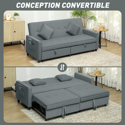 3-Seater Convertible Sofa Bed Reversible Clic-Clac Sofa with Adjustable Back and Cushions, Modern Velvet-Look Fabric Sofa for Living Room, Guest Room, Gray