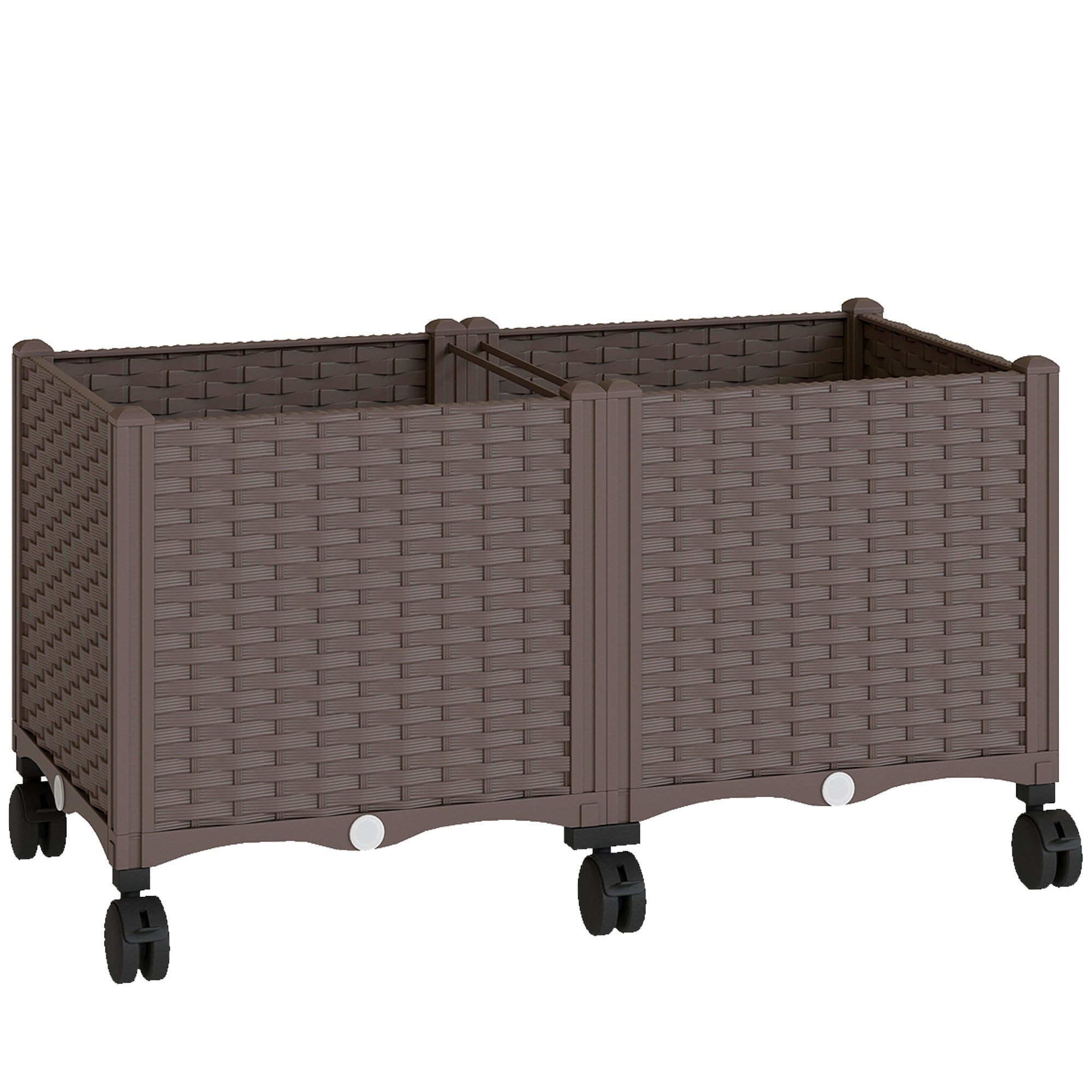Raised Planter with 6 Wheels — Mobile Outdoor Plastic Planter with Self-Watering Reservoir & Drainage, 31.5×15.7×16.9 in, Brown