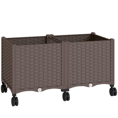 Raised Planter with 6 Wheels — Mobile Outdoor Plastic Planter with Self-Watering Reservoir & Drainage, 31.5×15.7×16.9 in, Brown