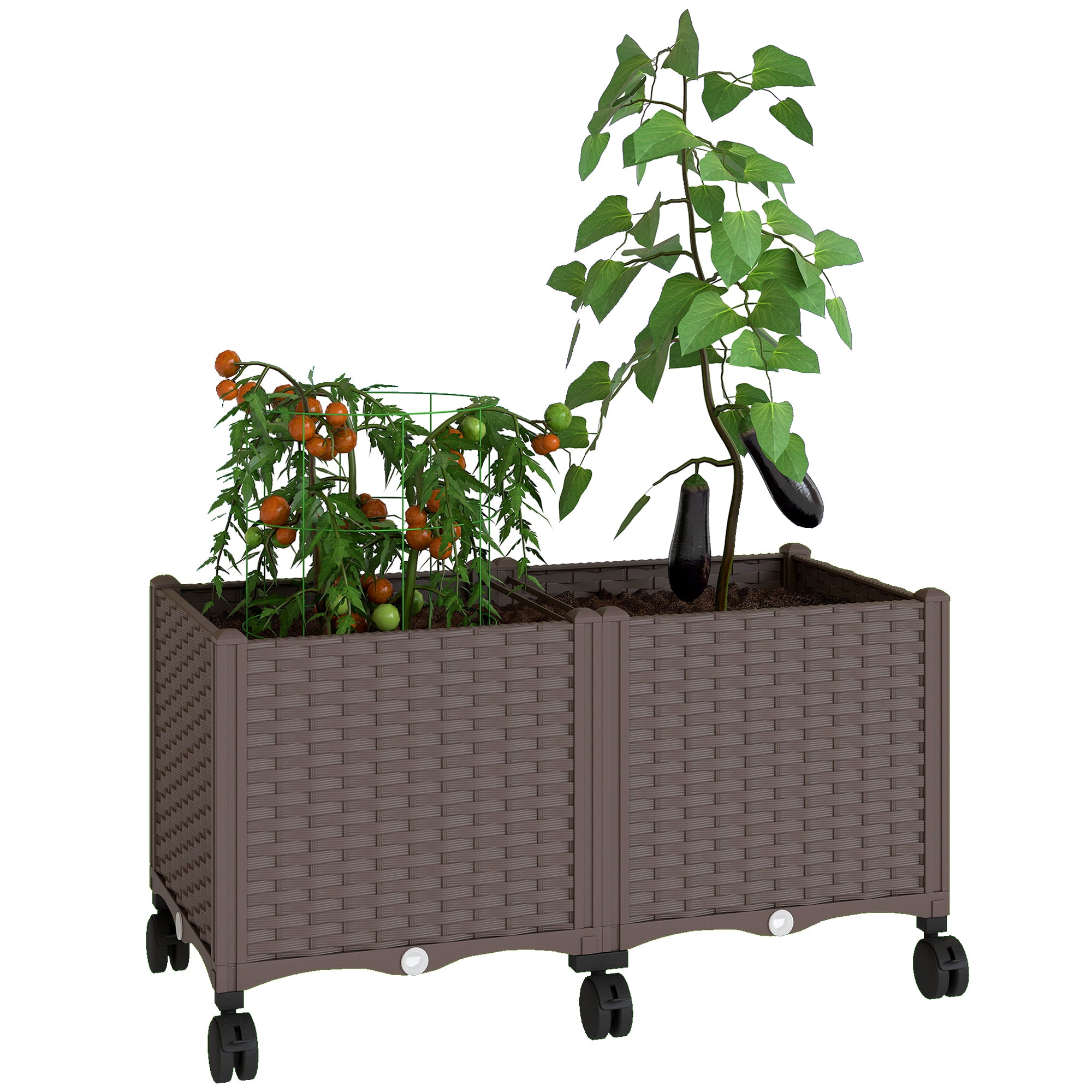 Raised Planter with 6 Wheels — Mobile Outdoor Plastic Planter with Self-Watering Reservoir & Drainage, 31.5×15.7×16.9 in, Brown