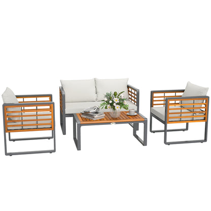 Acacia Wood Garden Furniture Set Seating Group for 4 Persons Garden Lounge with 2-Seater Sofa 2 Armchairs Cushions Side Table in Louvre Design Outdoor Balcony Furniture Patio Furniture for Garden Balcony Beige