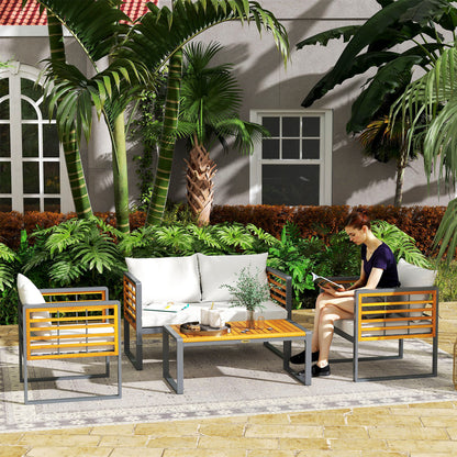 Acacia Wood Garden Furniture Set Seating Group for 4 Persons Garden Lounge with 2-Seater Sofa 2 Armchairs Cushions Side Table in Louvre Design Outdoor Balcony Furniture Patio Furniture for Garden Balcony Beige