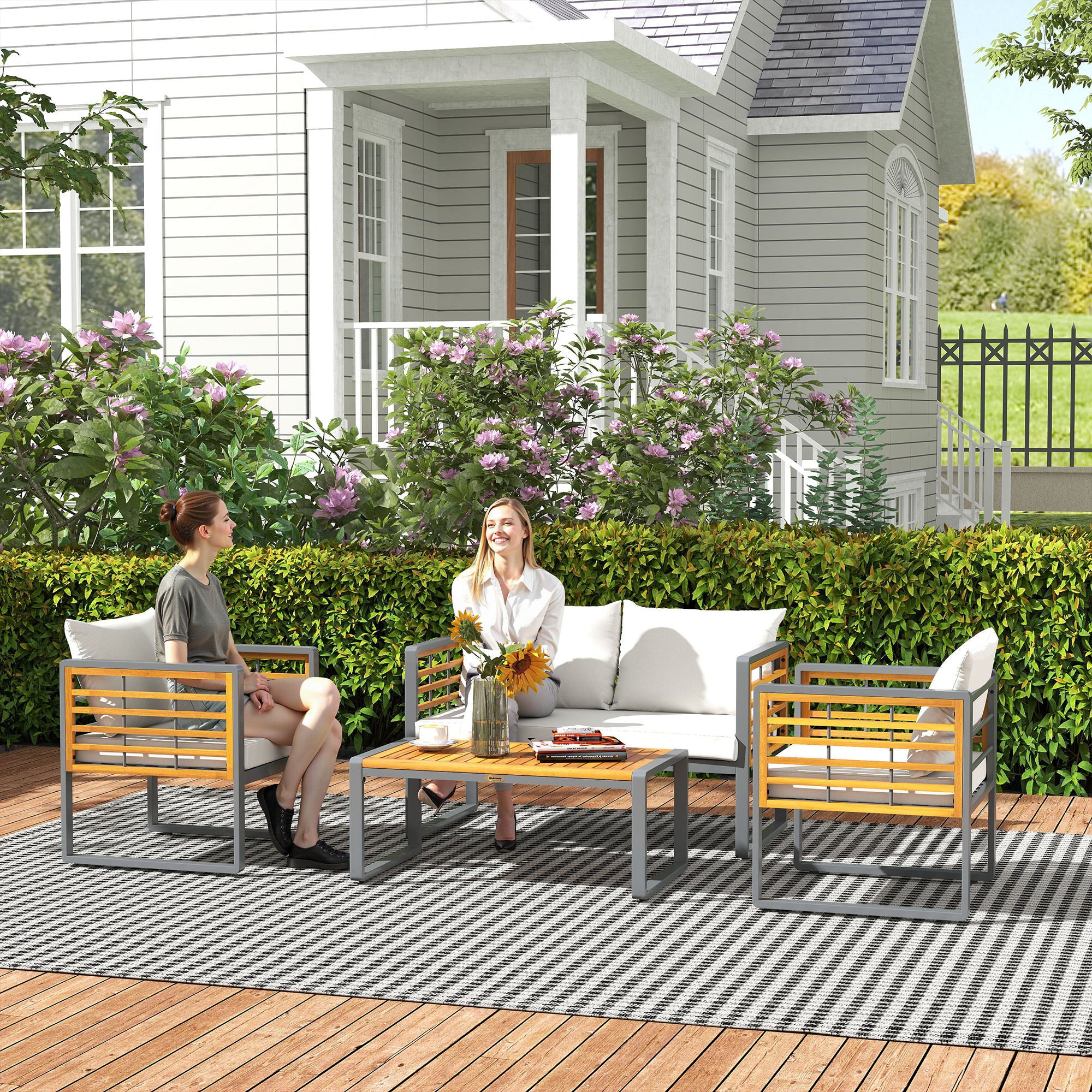 Acacia Wood Garden Furniture Set Seating Group for 4 Persons Garden Lounge with 2-Seater Sofa 2 Armchairs Cushions Side Table in Louvre Design Outdoor Balcony Furniture Patio Furniture for Garden Balcony Beige
