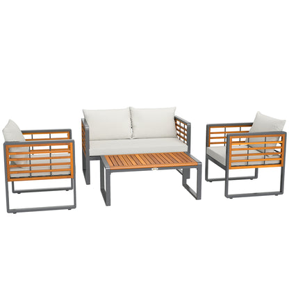 Acacia Wood Garden Furniture Set Seating Group for 4 Persons Garden Lounge with 2-Seater Sofa 2 Armchairs Cushions Side Table in Louvre Design Outdoor Balcony Furniture Patio Furniture for Garden Balcony Beige