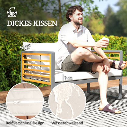 Acacia Wood Garden Furniture Set Seating Group for 4 Persons Garden Lounge with 2-Seater Sofa 2 Armchairs Cushions Side Table in Louvre Design Outdoor Balcony Furniture Patio Furniture for Garden Balcony Beige