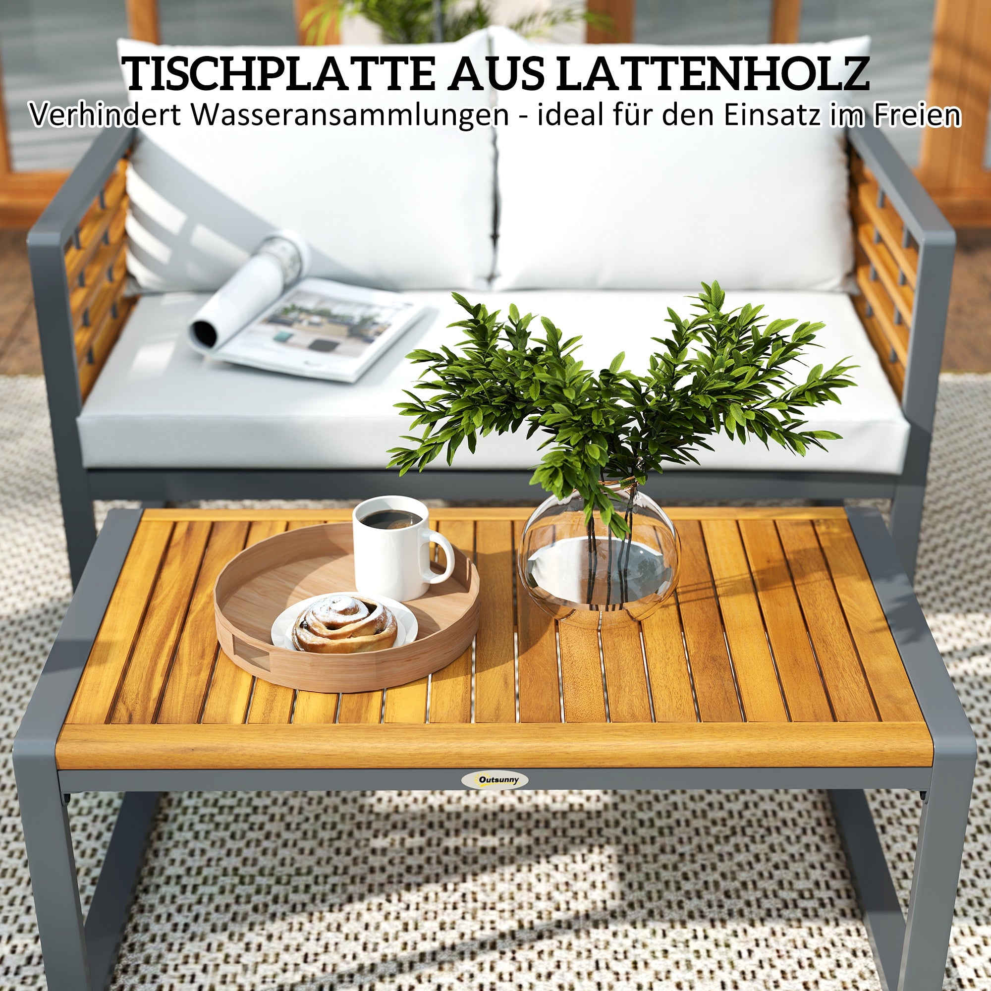 Acacia Wood Garden Furniture Set Seating Group for 4 Persons Garden Lounge with 2-Seater Sofa 2 Armchairs Cushions Side Table in Louvre Design Outdoor Balcony Furniture Patio Furniture for Garden Balcony Beige
