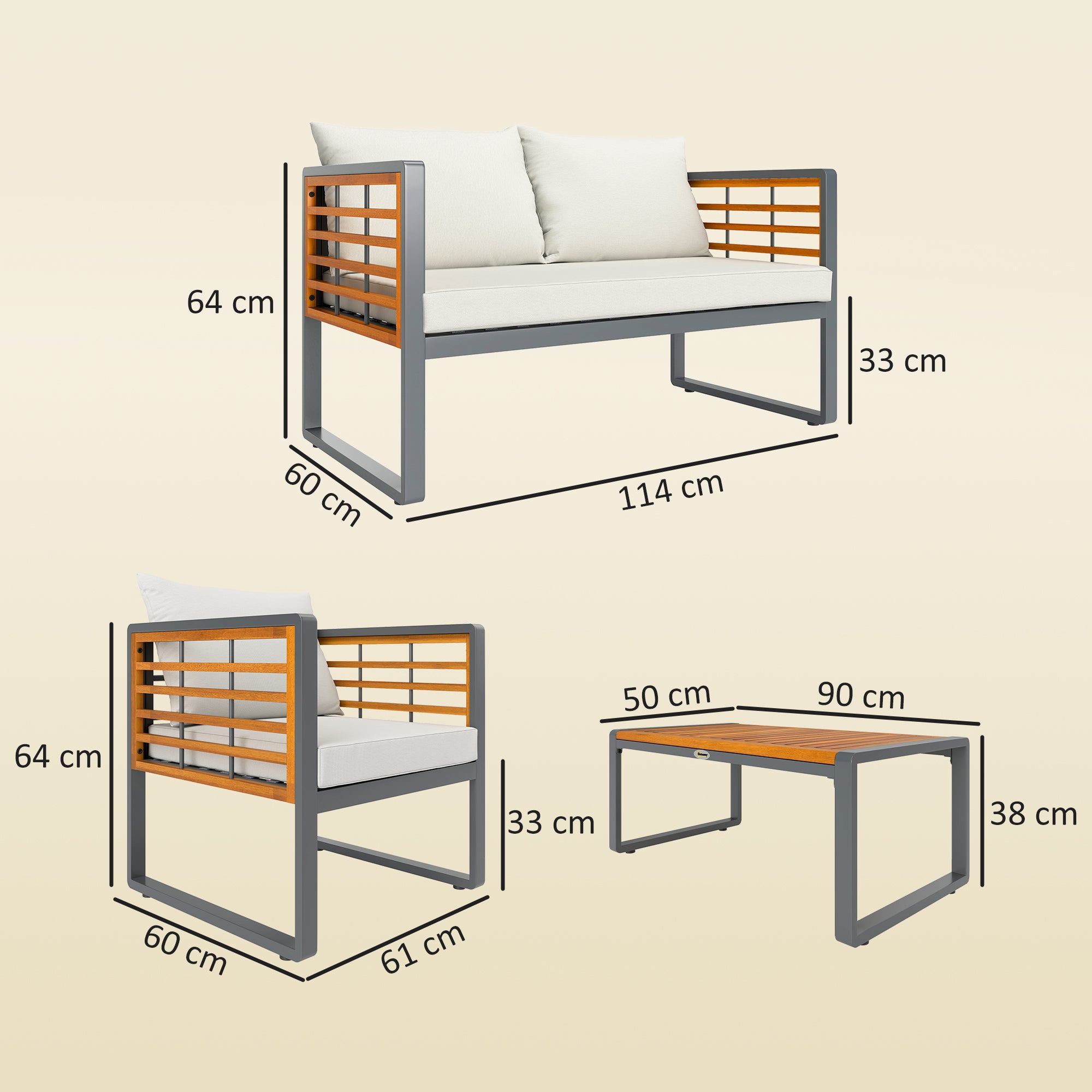 Acacia Wood Garden Furniture Set Seating Group for 4 Persons Garden Lounge with 2-Seater Sofa 2 Armchairs Cushions Side Table in Louvre Design Outdoor Balcony Furniture Patio Furniture for Garden Balcony Beige