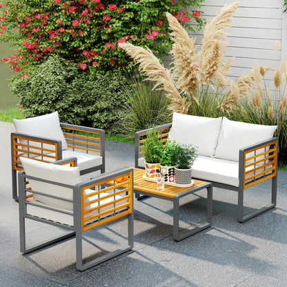 Acacia Wood Garden Furniture Set Seating Group for 4 Persons Garden Lounge with 2-Seater Sofa 2 Armchairs Cushions Side Table in Louvre Design Outdoor Balcony Furniture Patio Furniture for Garden Balcony Beige