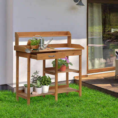 Planting Table Gardening Table Flower Table with Tub Garden Pine Wood Natural 117 x 45 x 121 cm