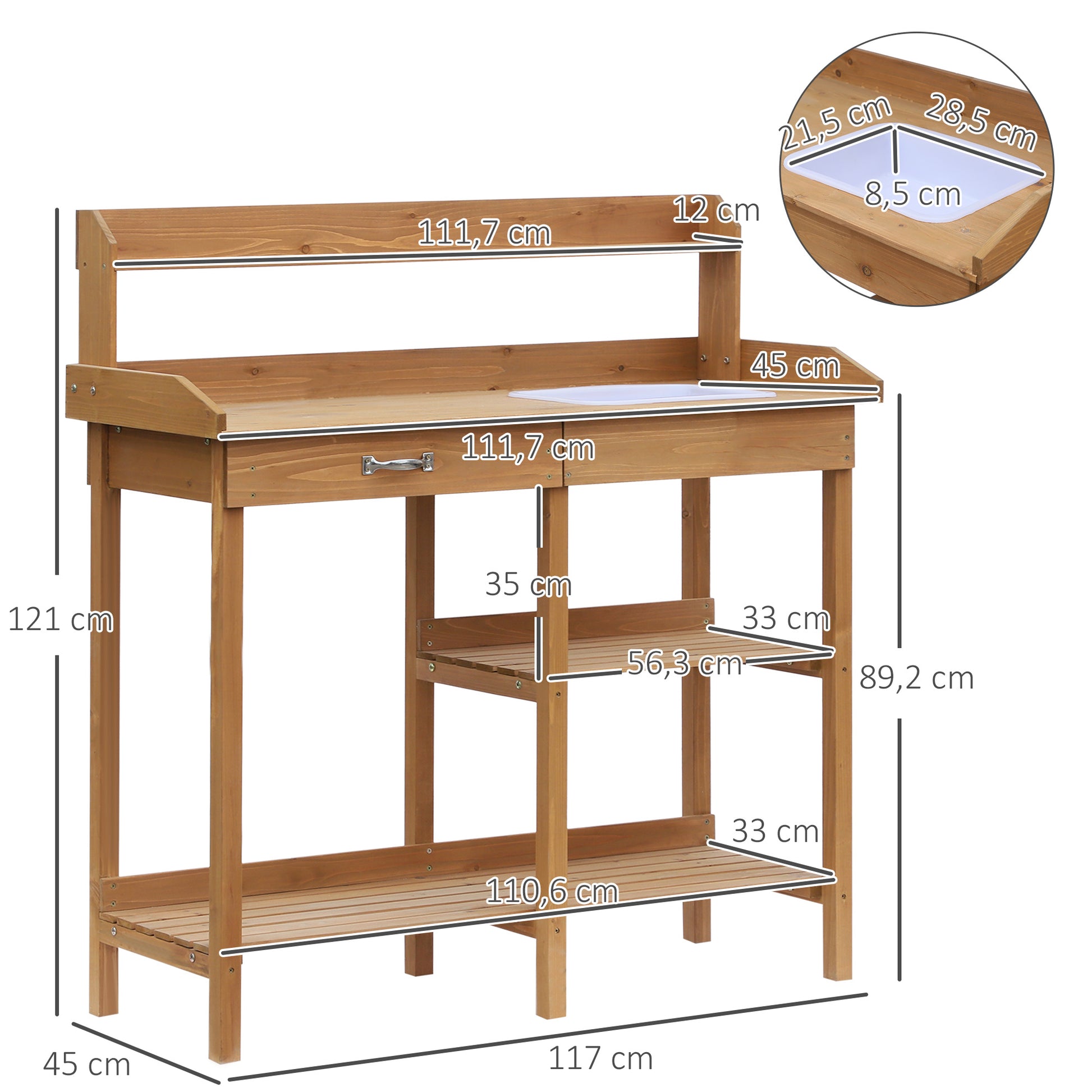 Planting Table Gardening Table Flower Table with Tub Garden Pine Wood Natural 117 x 45 x 121 cm