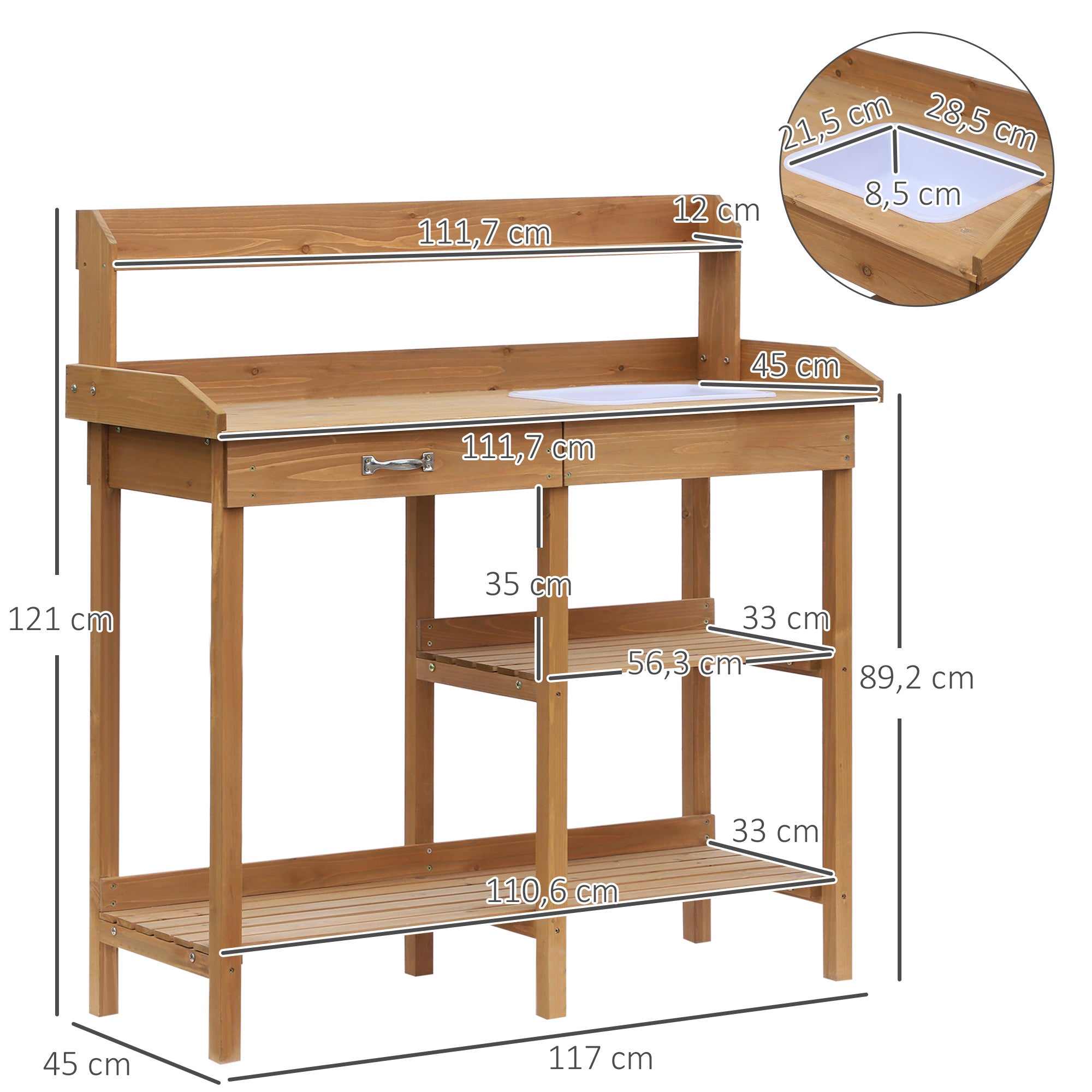 Planting Table Gardening Table Flower Table with Tub Garden Pine Wood Natural 117 x 45 x 121 cm
