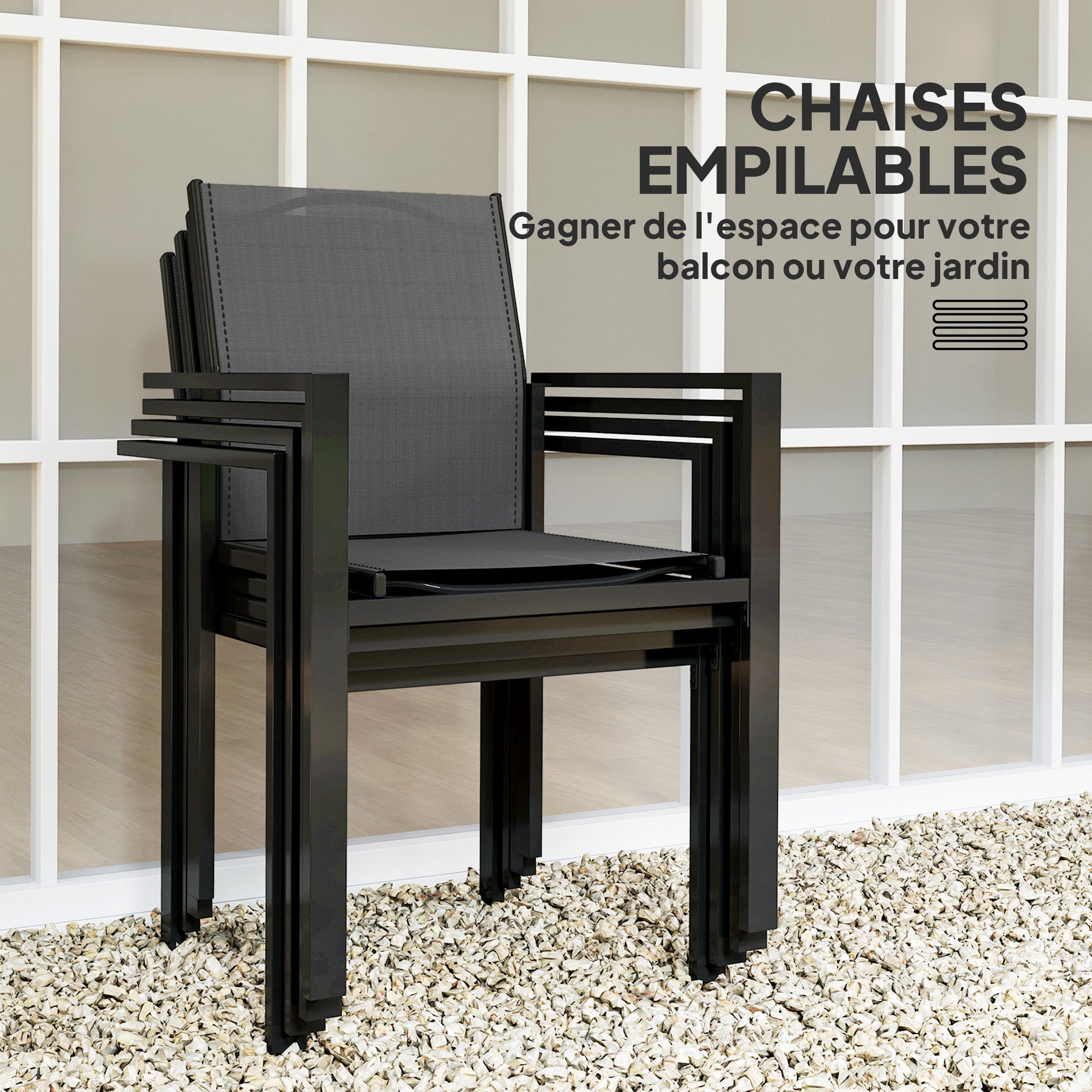 Outdoor 4-Person Garden Set, Outdoor Table with 4 Stackable Chairs, 140cm Tempered Glass Table, Garden Furniture, Terrace, Porch, Black