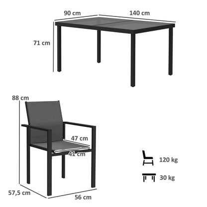 Outdoor 4-Person Garden Set, Outdoor Table with 4 Stackable Chairs, 140cm Tempered Glass Table, Garden Furniture, Terrace, Porch, Black