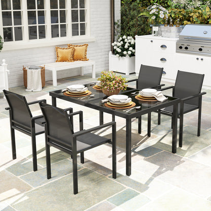 Outdoor 4-Person Garden Set, Outdoor Table with 4 Stackable Chairs, 140cm Tempered Glass Table, Garden Furniture, Terrace, Porch, Black