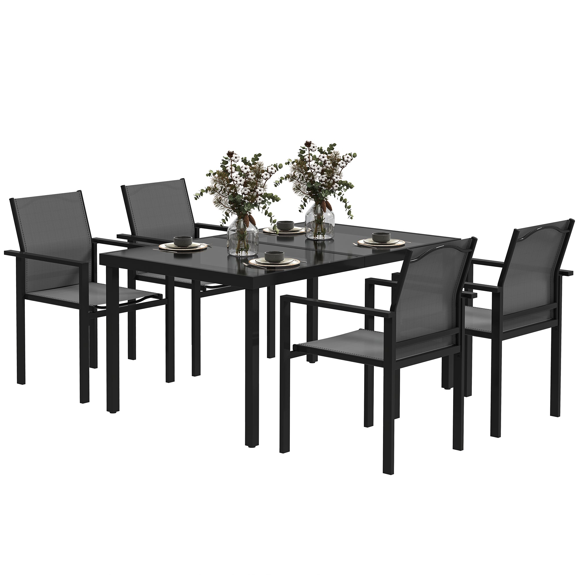 Outdoor 4-Person Garden Set, Outdoor Table with 4 Stackable Chairs, 140cm Tempered Glass Table, Garden Furniture, Terrace, Porch, Black
