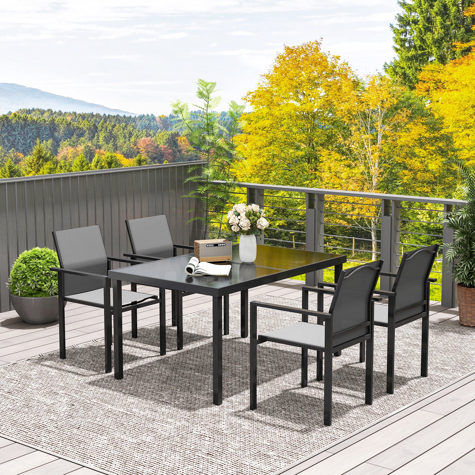 Outdoor 4-Person Garden Set, Outdoor Table with 4 Stackable Chairs, 140cm Tempered Glass Table, Garden Furniture, Terrace, Porch, Black