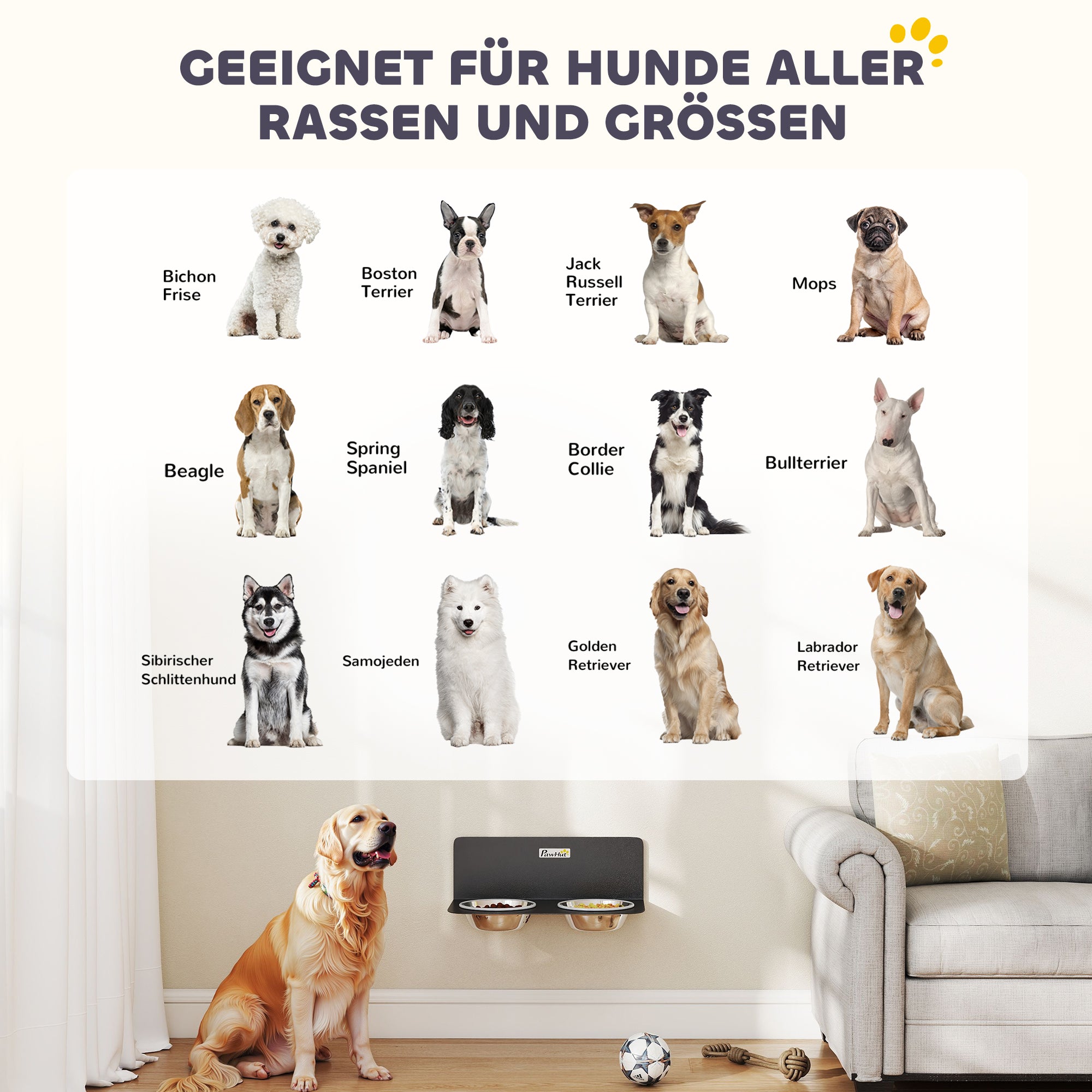 Wall-Mounted Adjustable Dog Feeder — 2 x 27 fl oz Stainless Steel Bowls, Black