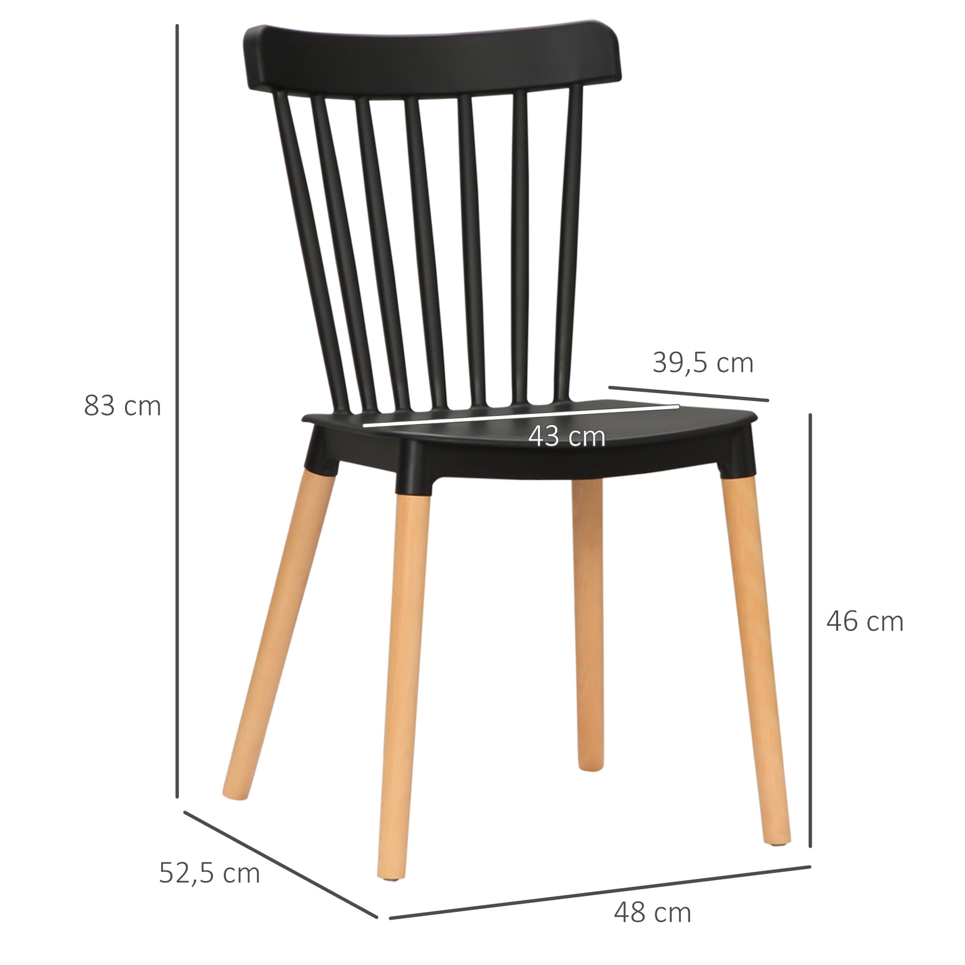 Set of 4 Nordic Style Dining Chairs Kitchen Chairs with High Back Polypropylene Seat and Beech Wood Legs Load 120 kg 48x52.5x83 cm Black