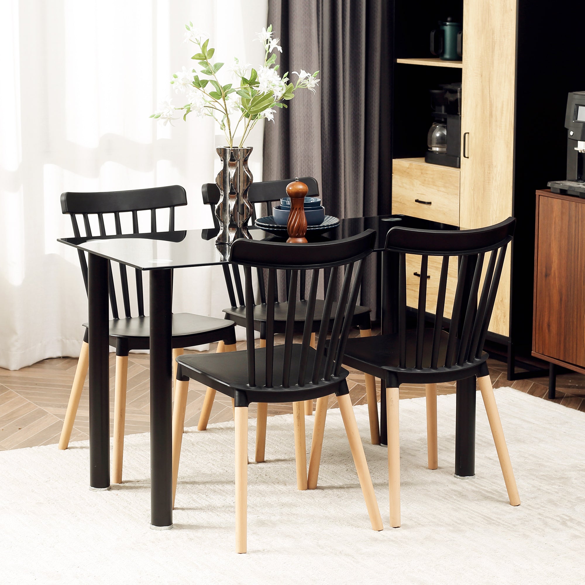 Set of 4 Nordic Style Dining Chairs Kitchen Chairs with High Back Polypropylene Seat and Beech Wood Legs Load 120 kg 48x52.5x83 cm Black
