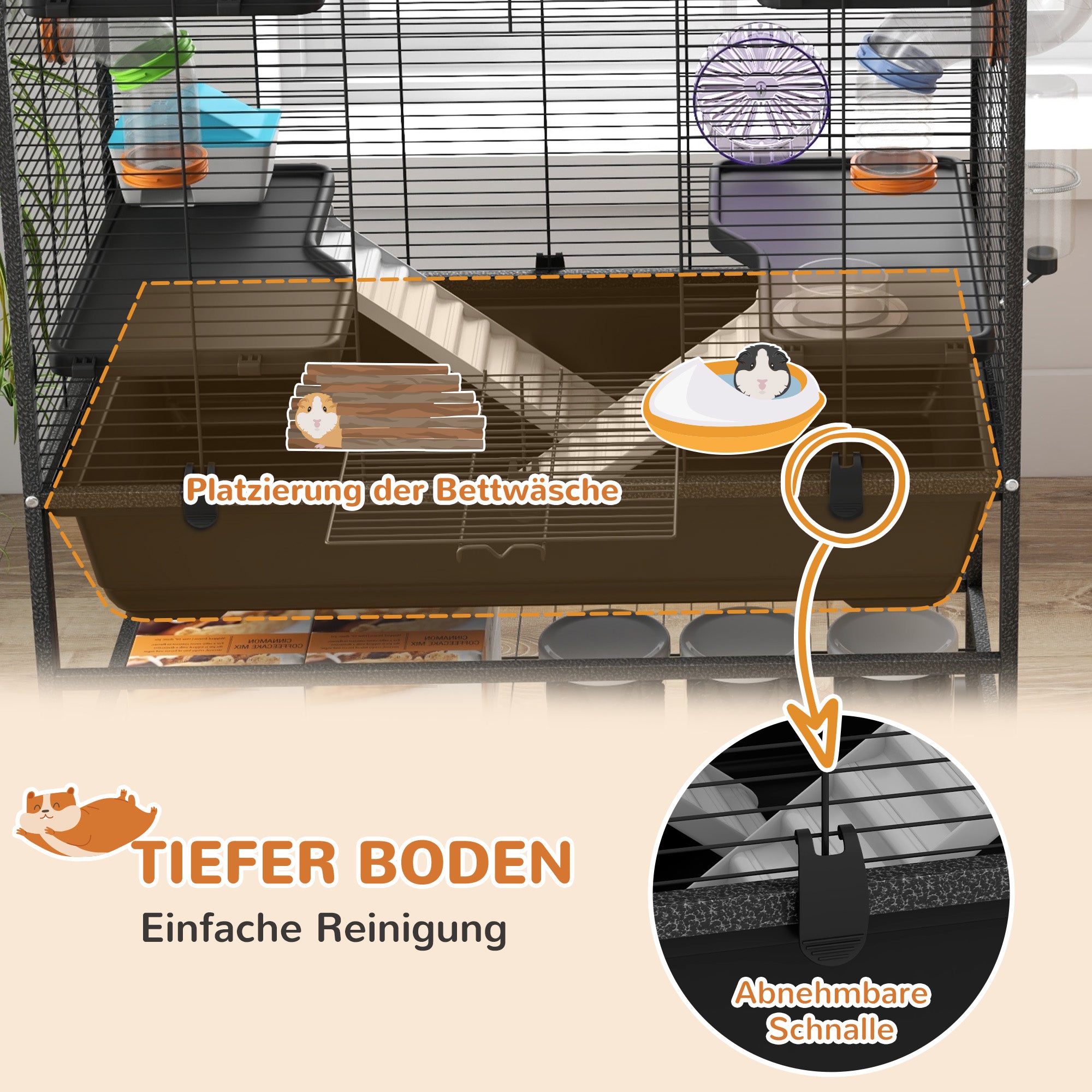 Hamster Cage Small Animal Cage with Wheels, Tubes, Shelves, Ramps, Wheel, Food Bowl, Water Bottle, Guinea Pig Cage Mouse Cage for Gerbils, Syrian Hamsters, Black