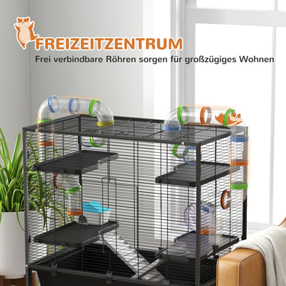 Hamster Cage Small Animal Cage with Wheels, Tubes, Shelves, Ramps, Wheel, Food Bowl, Water Bottle, Guinea Pig Cage Mouse Cage for Gerbils, Syrian Hamsters, Black