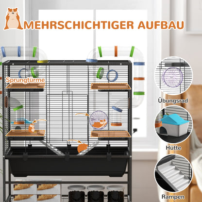 Hamster Cage Small Animal Cage with Wheels, Tubes, Shelves, Ramps, Wheel, Food Bowl, Water Bottle, Guinea Pig Cage Mouse Cage for Gerbils, Syrian Hamsters, Black