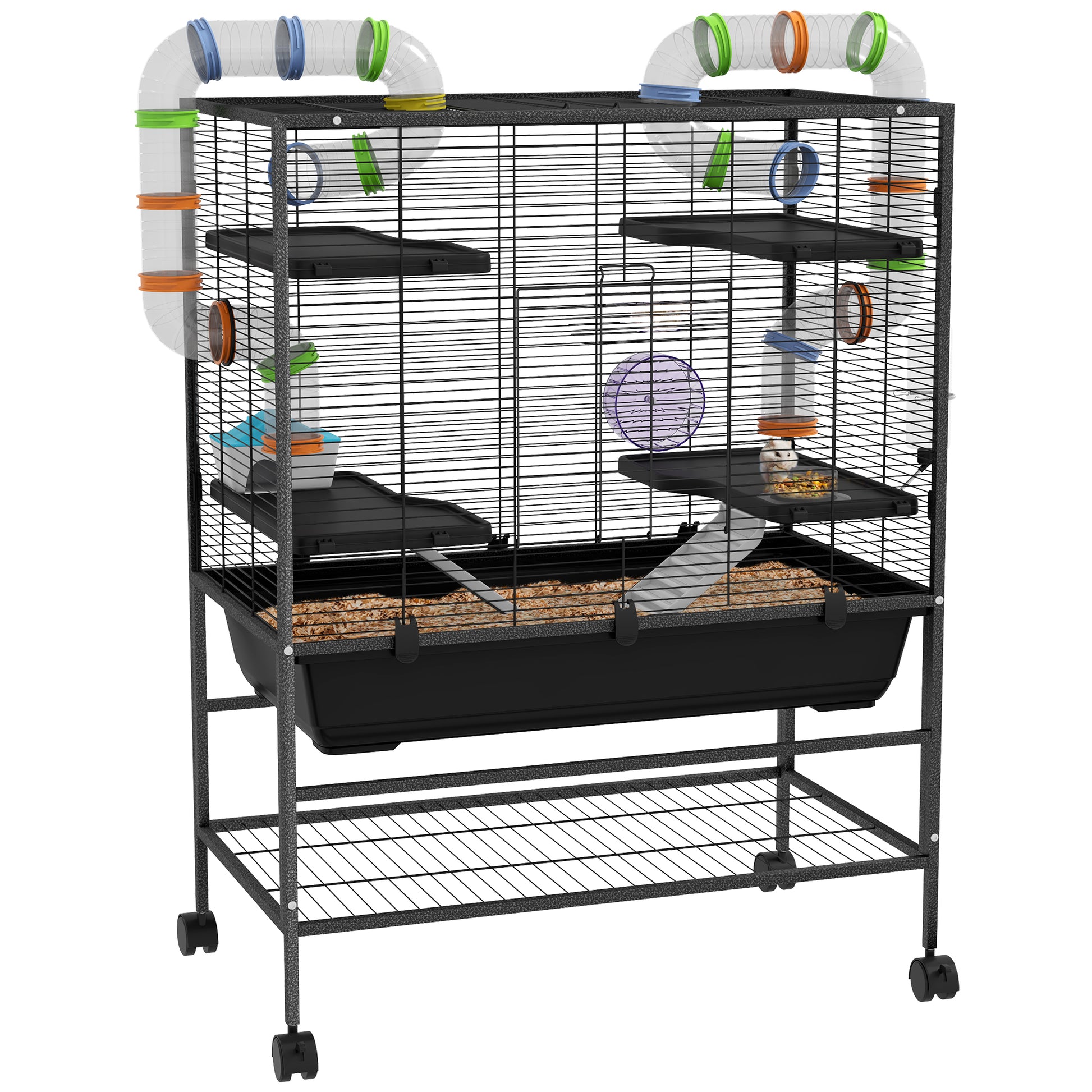 Hamster Cage Small Animal Cage with Wheels, Tubes, Shelves, Ramps, Wheel, Food Bowl, Water Bottle, Guinea Pig Cage Mouse Cage for Gerbils, Syrian Hamsters, Black