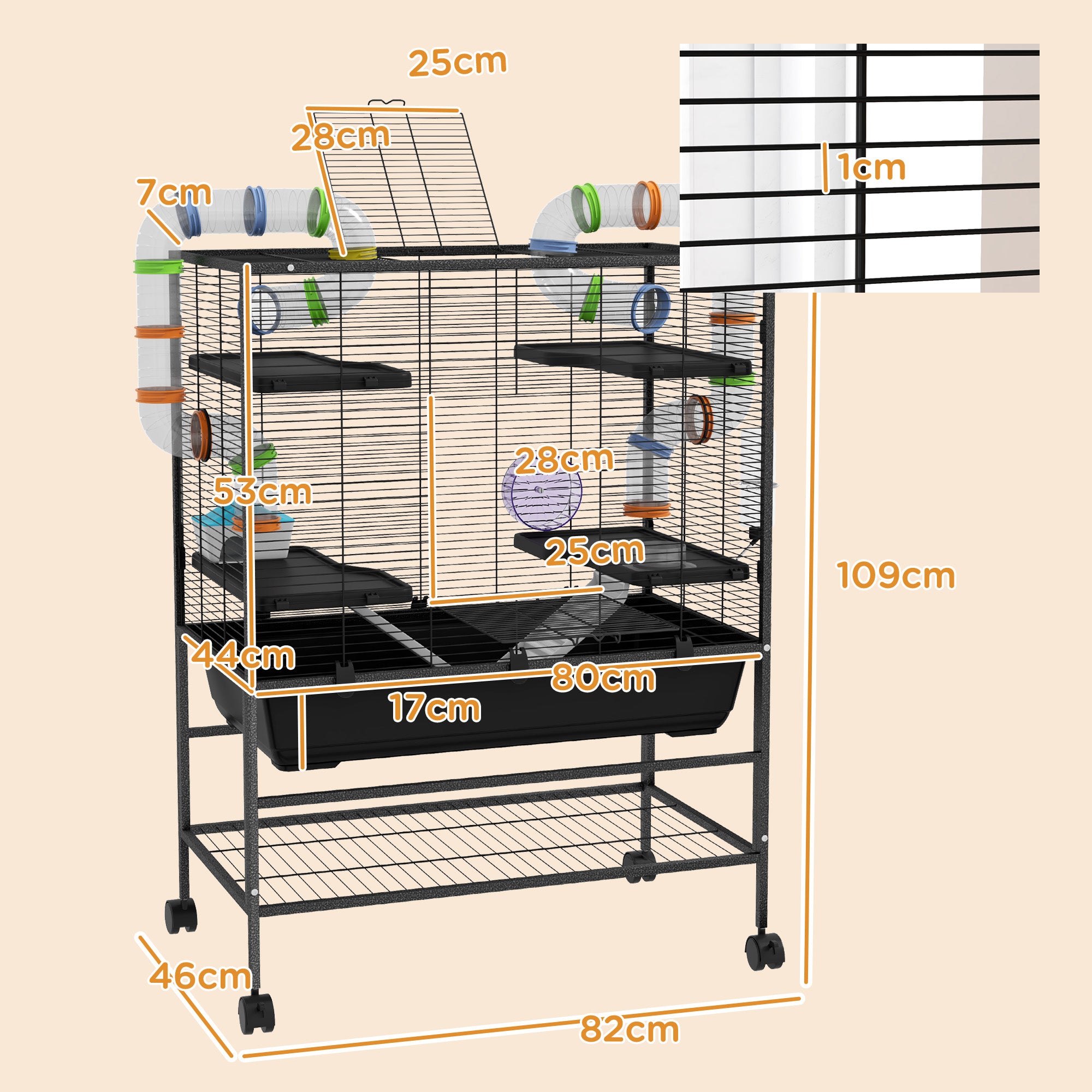 Hamster Cage Small Animal Cage with Wheels, Tubes, Shelves, Ramps, Wheel, Food Bowl, Water Bottle, Guinea Pig Cage Mouse Cage for Gerbils, Syrian Hamsters, Black