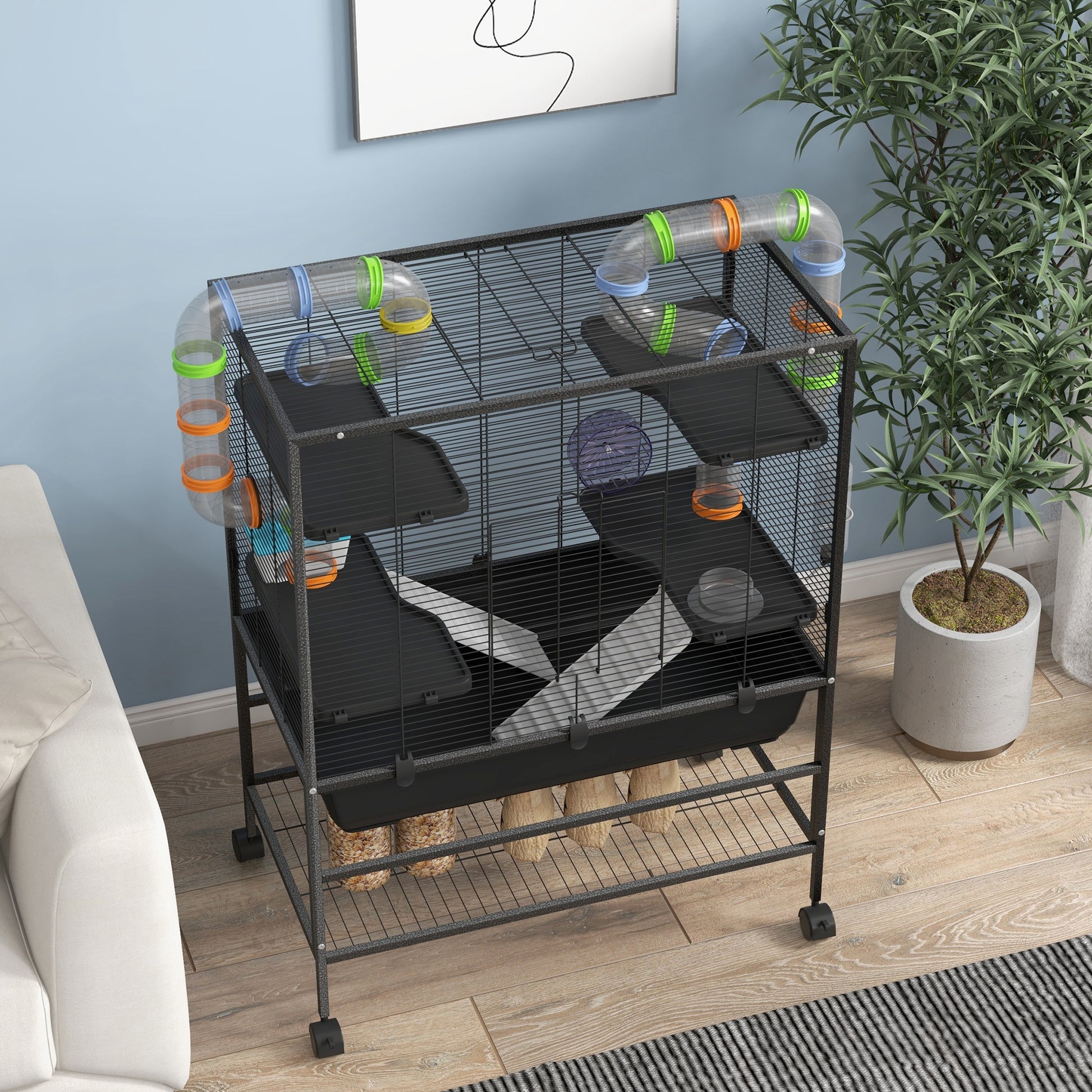 Hamster Cage Small Animal Cage with Wheels, Tubes, Shelves, Ramps, Wheel, Food Bowl, Water Bottle, Guinea Pig Cage Mouse Cage for Gerbils, Syrian Hamsters, Black