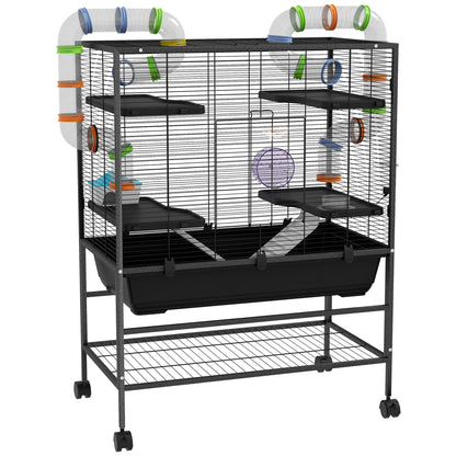 Hamster Cage Small Animal Cage with Wheels, Tubes, Shelves, Ramps, Wheel, Food Bowl, Water Bottle, Guinea Pig Cage Mouse Cage for Gerbils, Syrian Hamsters, Black