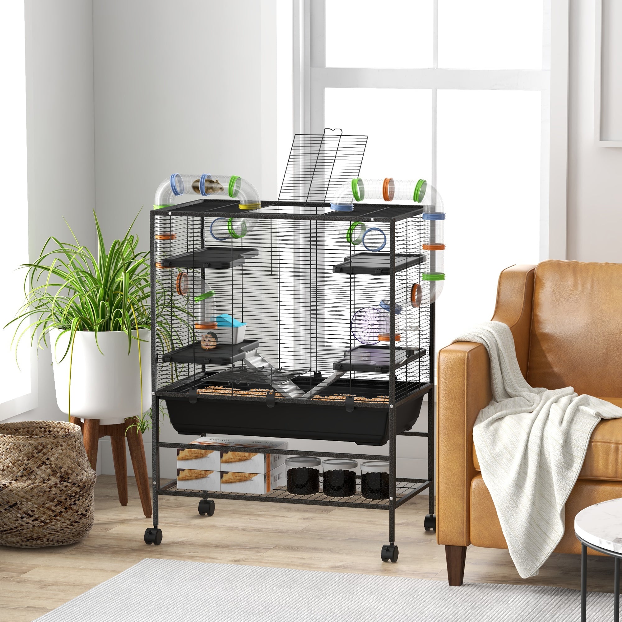 Hamster Cage Small Animal Cage with Wheels, Tubes, Shelves, Ramps, Wheel, Food Bowl, Water Bottle, Guinea Pig Cage Mouse Cage for Gerbils, Syrian Hamsters, Black