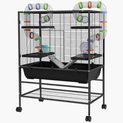 Hamster Cage Small Animal Cage with Wheels, Tubes, Shelves, Ramps, Wheel, Food Bowl, Water Bottle, Guinea Pig Cage Mouse Cage for Gerbils, Syrian Hamsters, Black