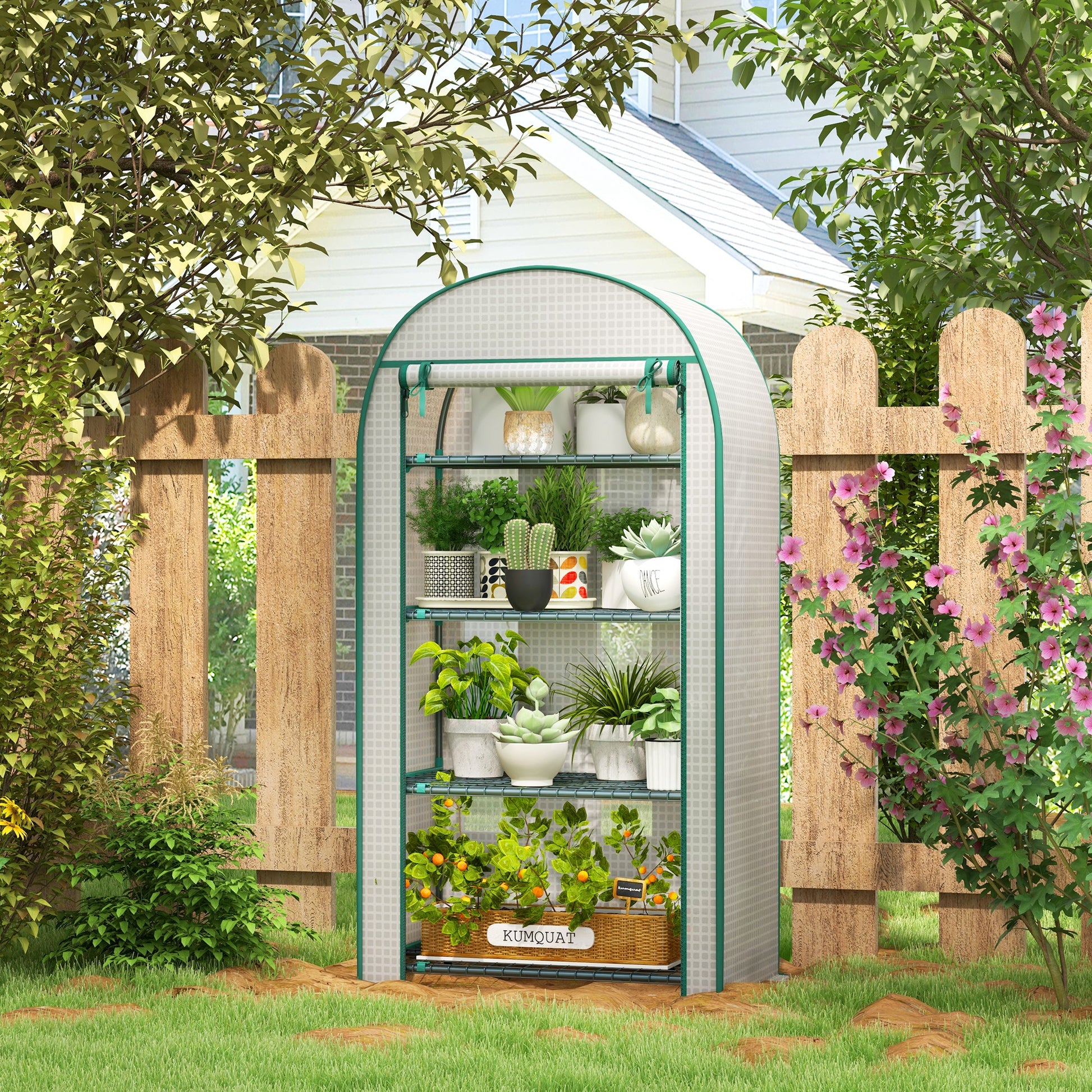 4-Tier PE Garden Greenhouse with Shelves, Balcony Greenhouse, Reinforced 130 g/m² Tarpaulin, Steel Frame, Roll-Up Zippered Door, for Vegetables Plants Flowers, 80 x 50 x 160 cm, White