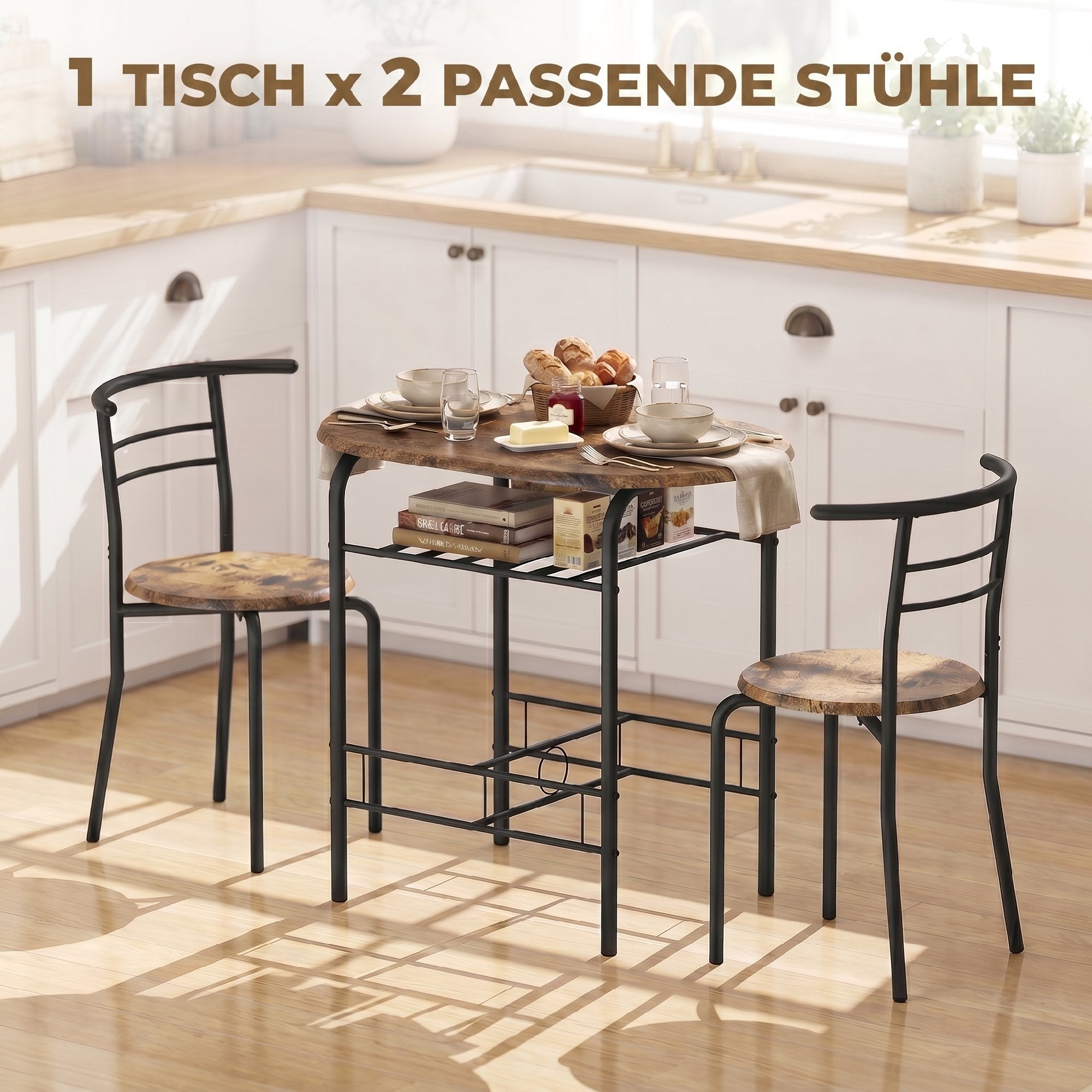 3-Piece Dining Set – 31.5 in Table with 2 Chairs & Shelf, Rustic Brown, Ideal for Small Spaces