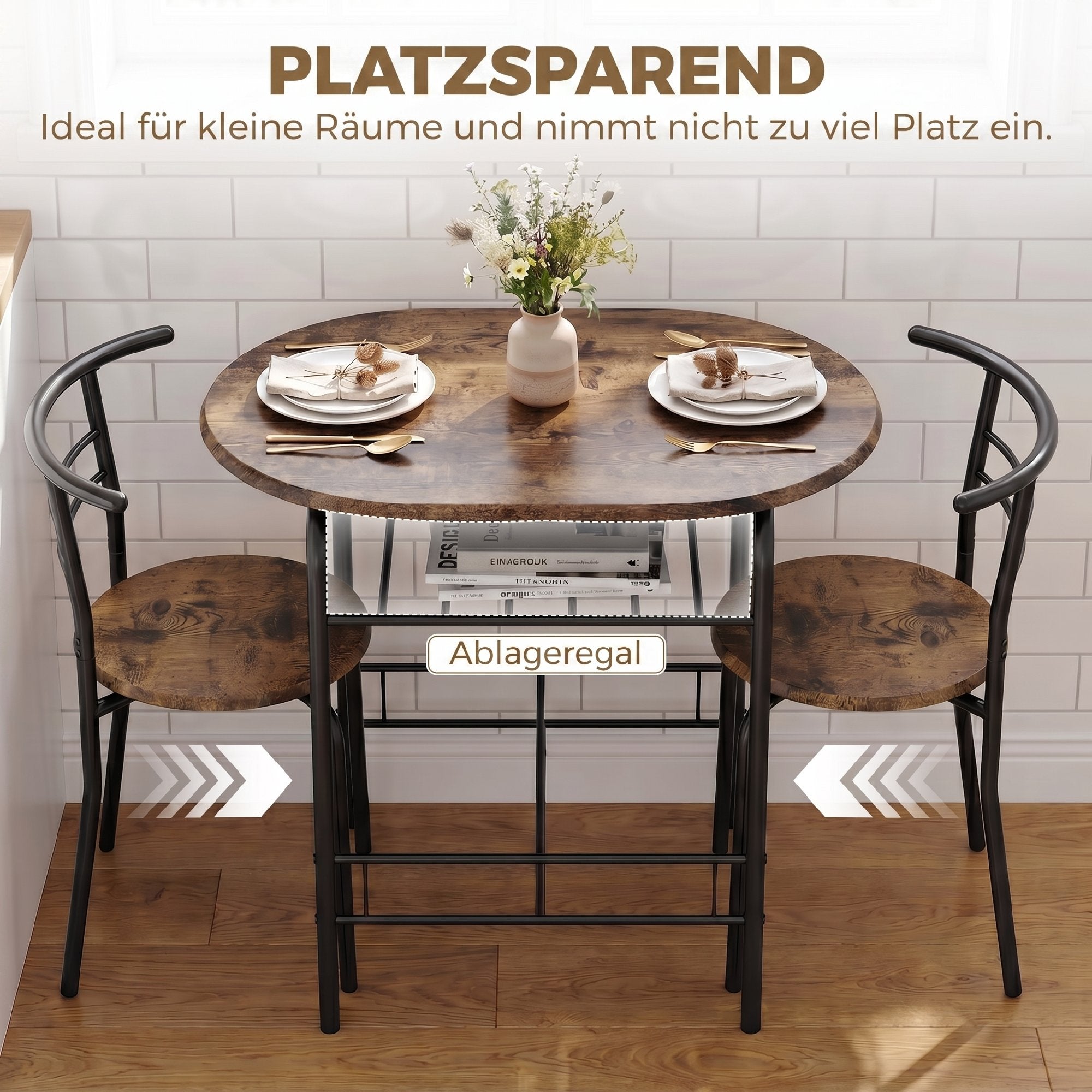3-Piece Dining Set – 31.5 in Table with 2 Chairs & Shelf, Rustic Brown, Ideal for Small Spaces