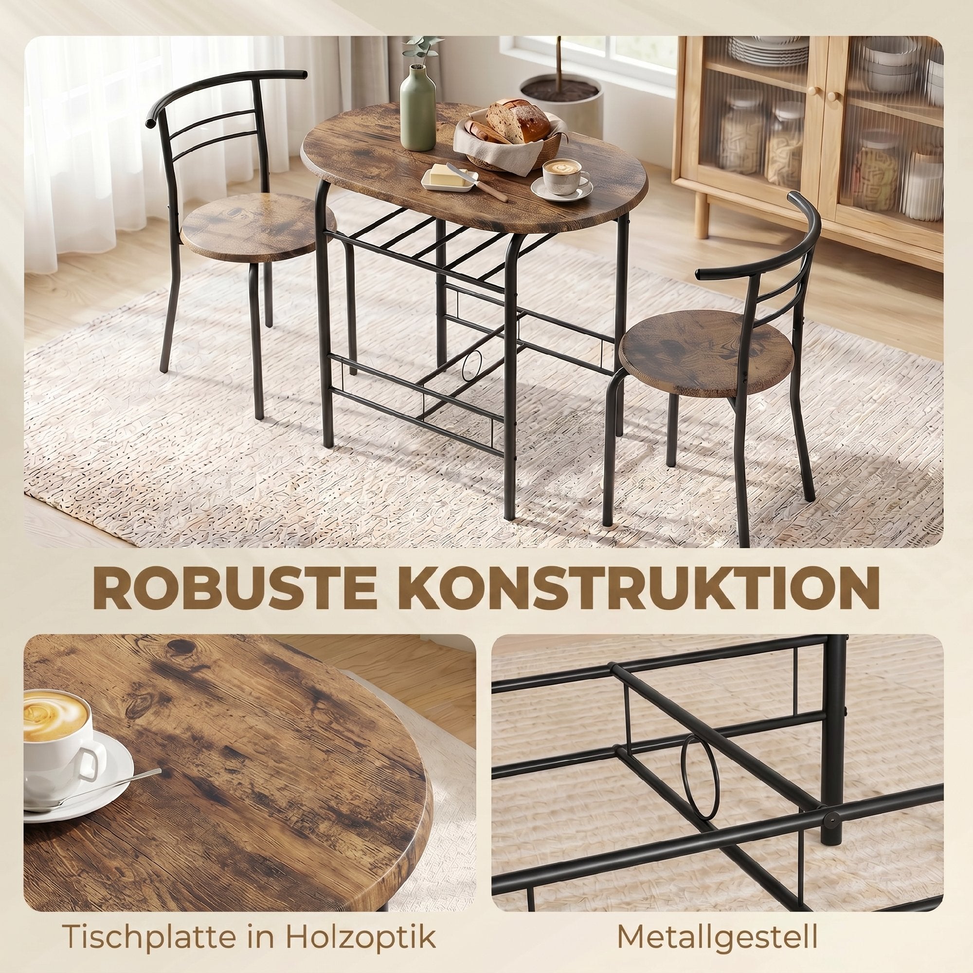 3-Piece Dining Set – 31.5 in Table with 2 Chairs & Shelf, Rustic Brown, Ideal for Small Spaces