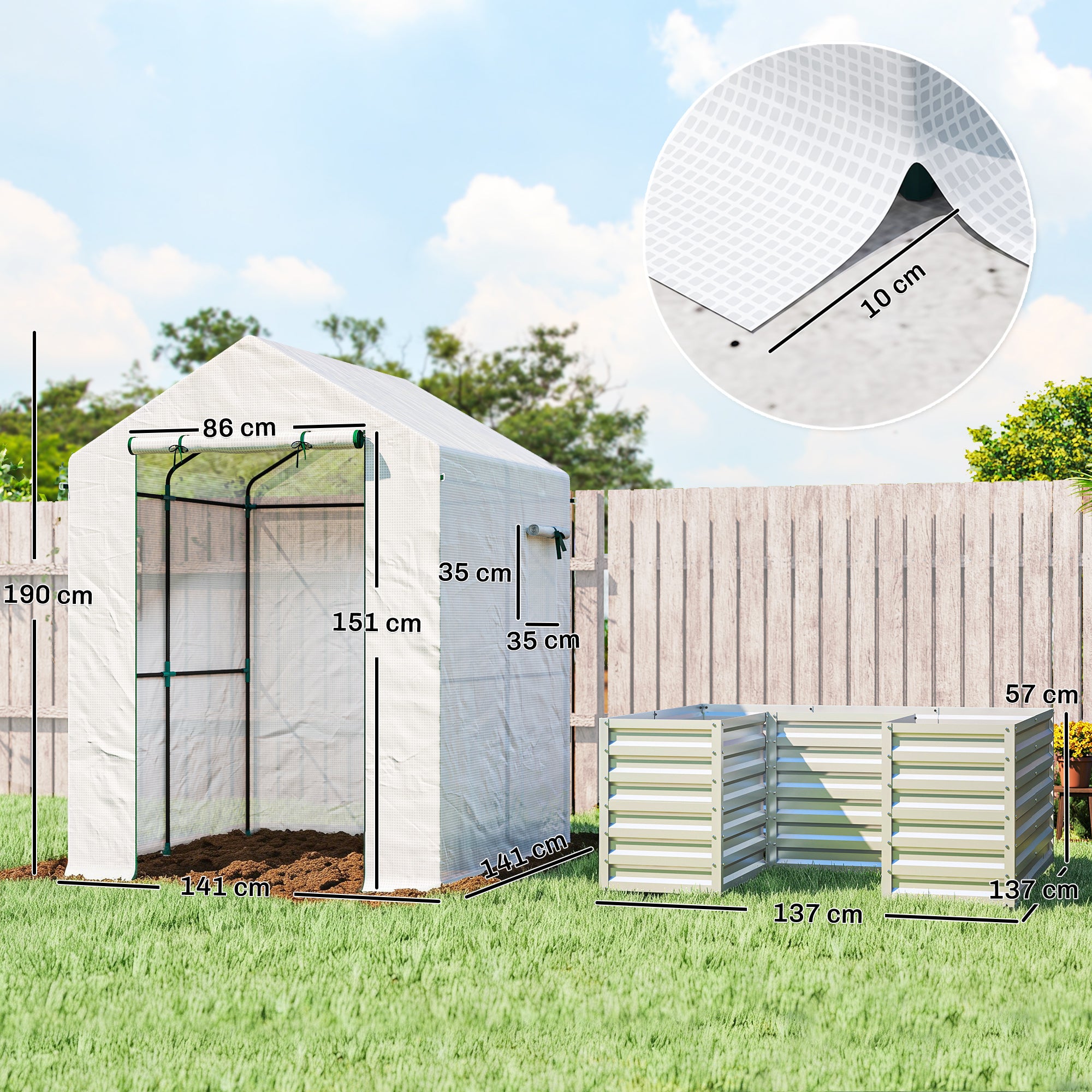 PE Film Tomato Greenhouse with Raised Bed, Roll-Up Door & Windows, Sloped Roof — 141 × 141 × 190 cm (55.5 × 55.5 × 74.8 in) — White