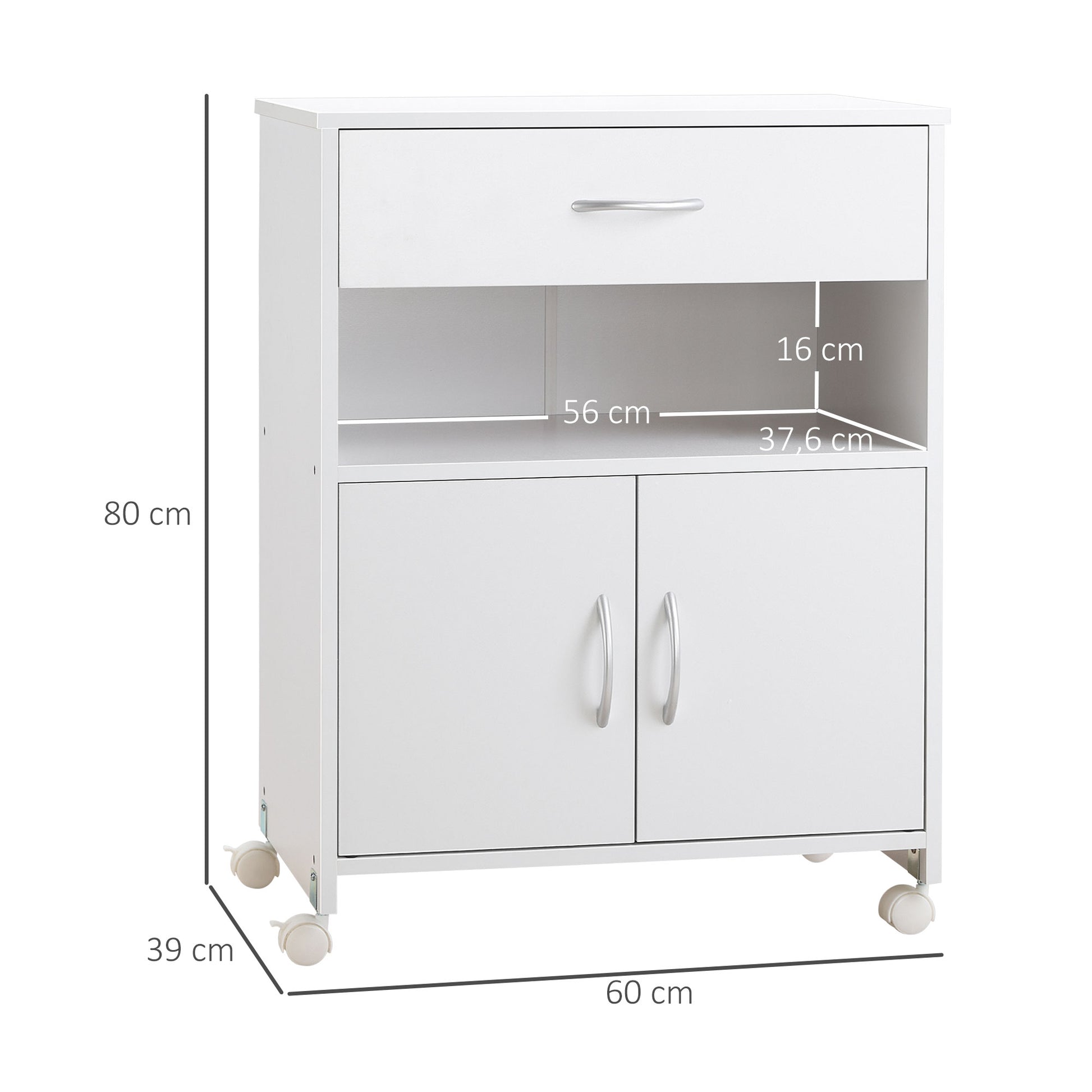 Printer Cabinet Printer Stand with Wheels Printer Furniture with Drawer 2 Doors and Open Compartment for Living Room Office Study 60x39x80 cm White