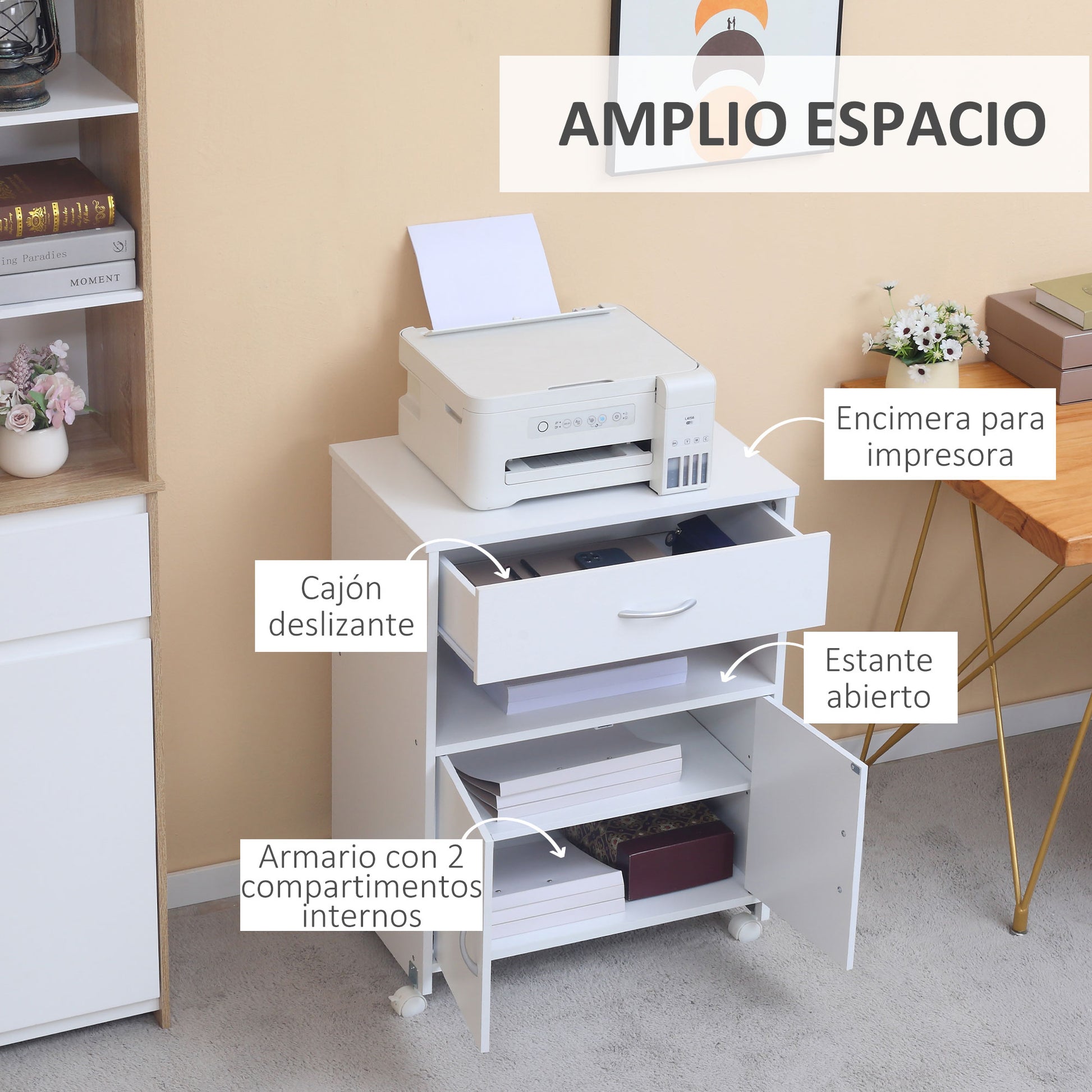 Printer Cabinet Printer Stand with Wheels Printer Furniture with Drawer 2 Doors and Open Compartment for Living Room Office Study 60x39x80 cm White