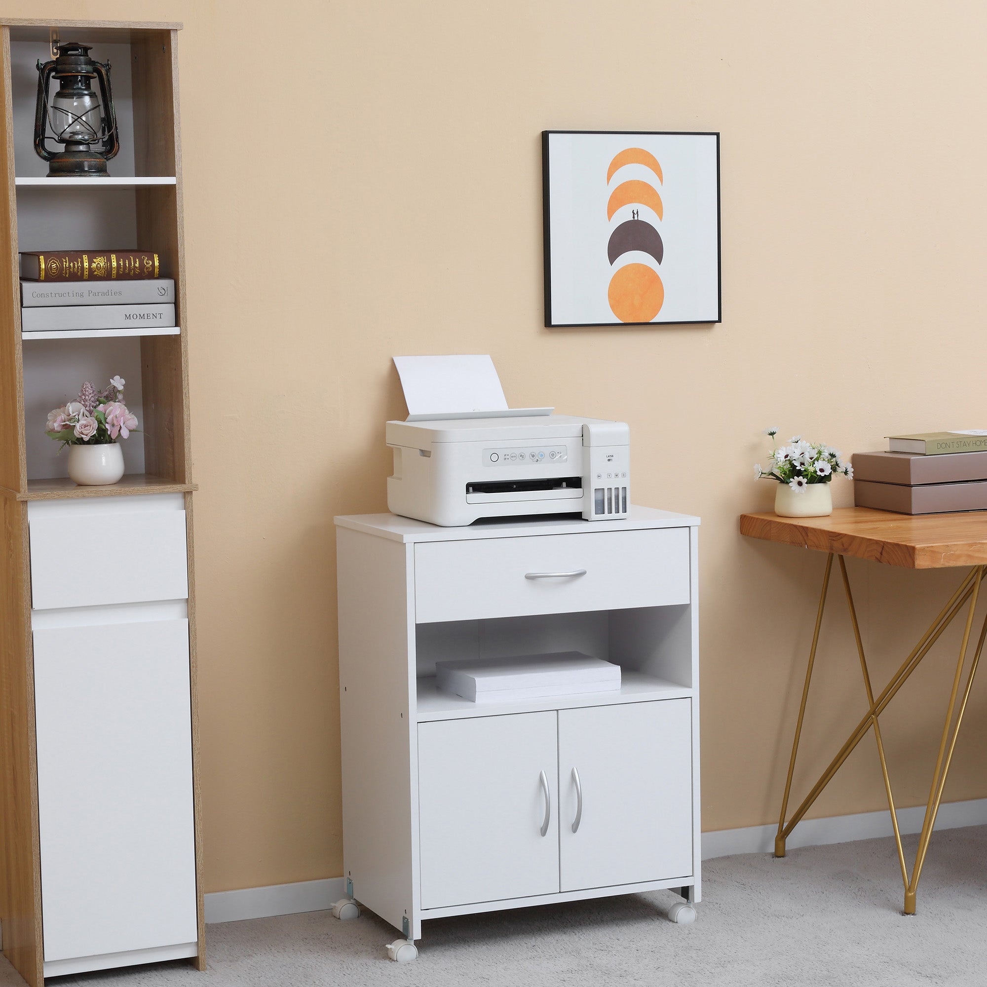 Printer Cabinet Printer Stand with Wheels Printer Furniture with Drawer 2 Doors and Open Compartment for Living Room Office Study 60x39x80 cm White