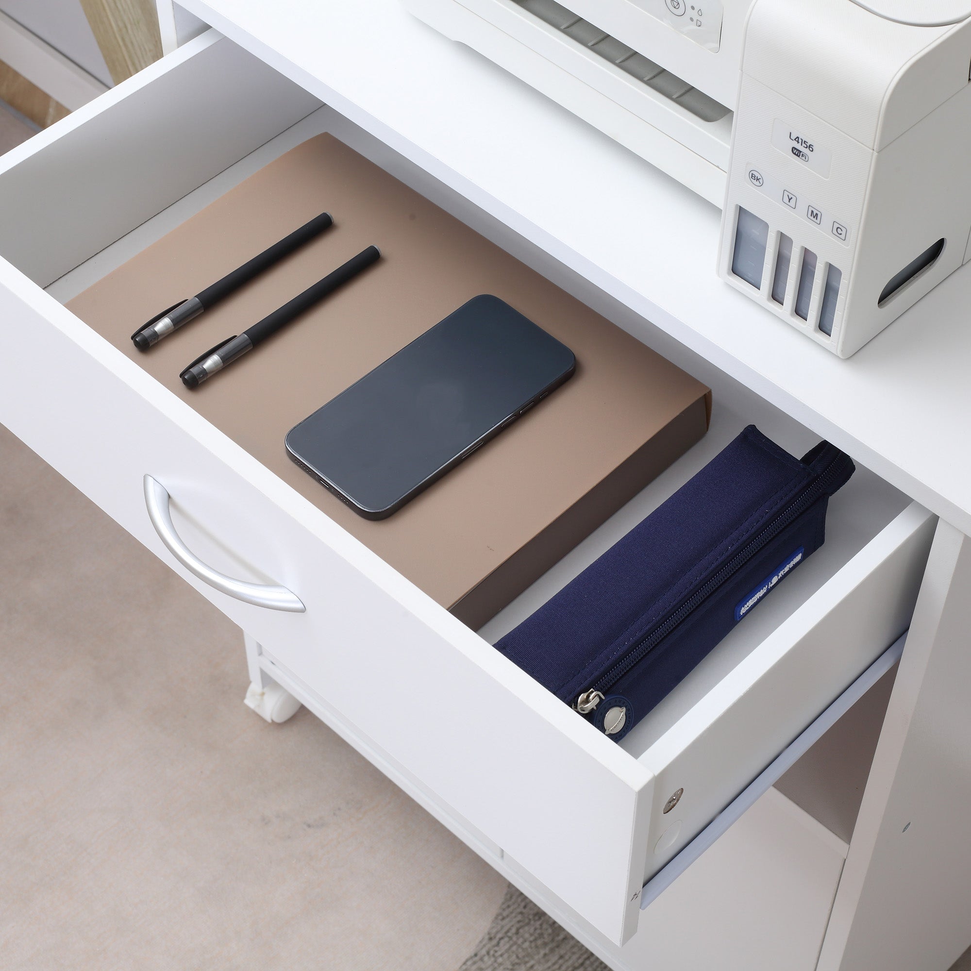 Printer Cabinet Printer Stand with Wheels Printer Furniture with Drawer 2 Doors and Open Compartment for Living Room Office Study 60x39x80 cm White